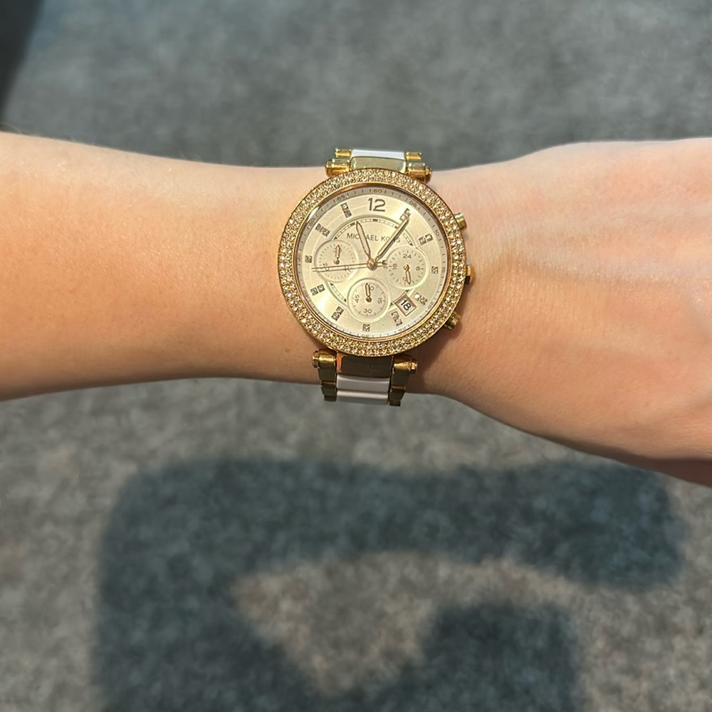 Michael Kors- Women’s White and Rose Gold Michael Kors Watch with Rhinestones